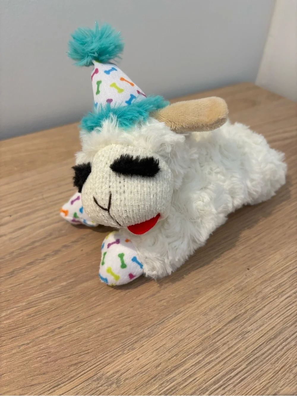 Plush White Birthday Party Lamb Toy with Turquoise Accent